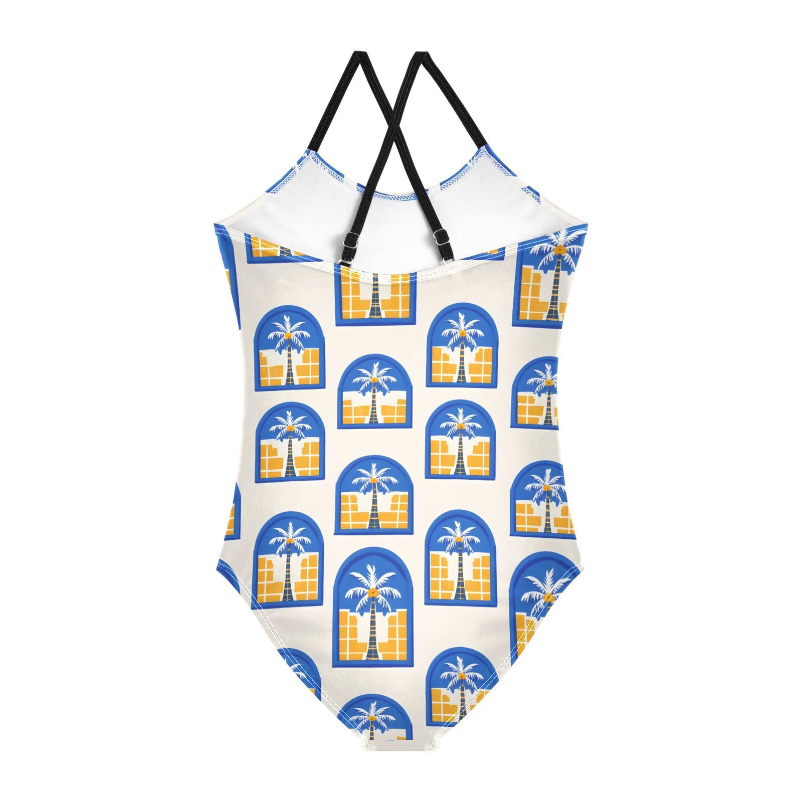 SUABO Palm Tree Pattern Girls Swimsuits Quick Dry Crossback One Piece Bathing Suit Beach Swimwear, 9-10T
