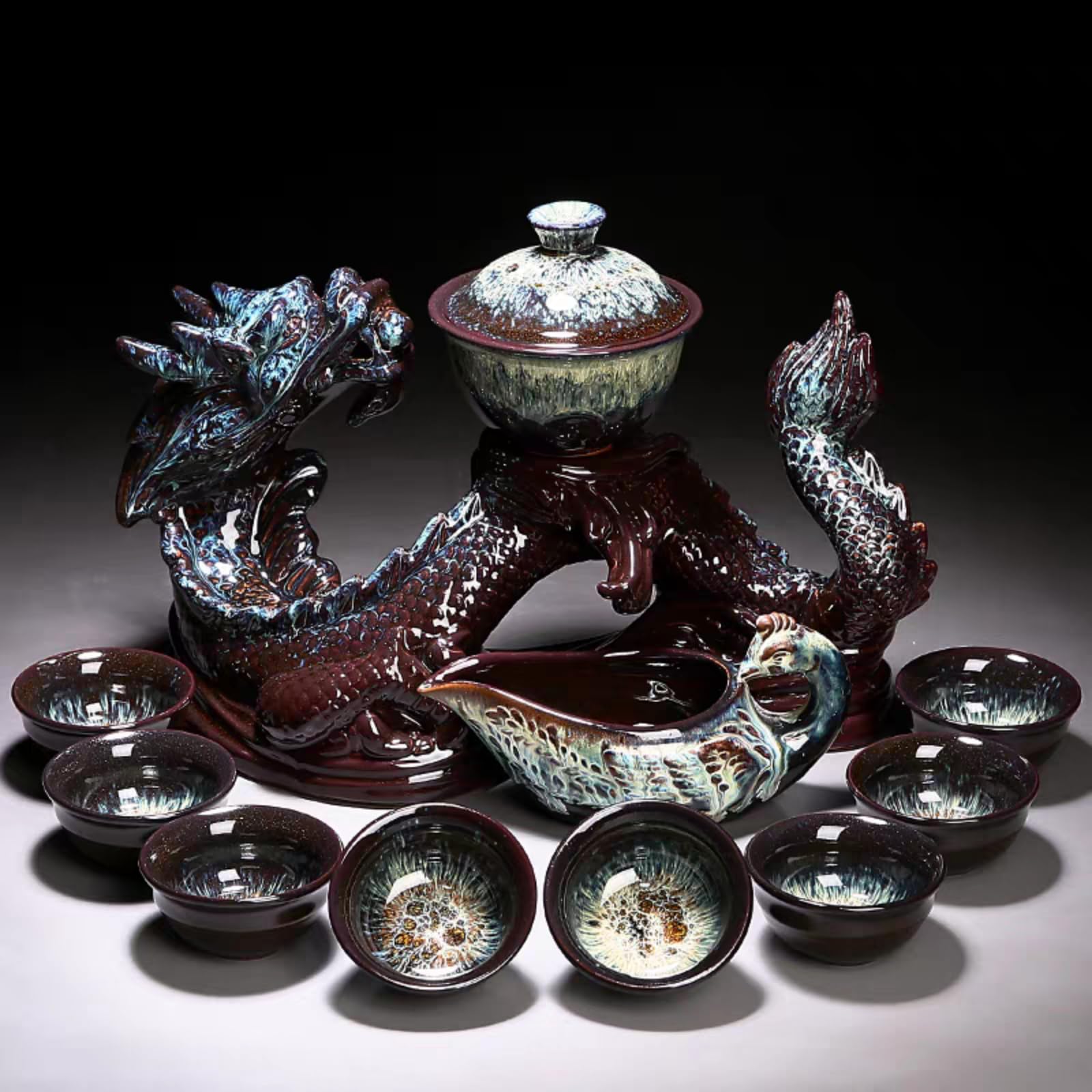 Chiński zestaw do herbaty Gongfu – ceramiczny czajniczek z zaparzaczem, 8 filiżanek, półautomatyczny, z motywem smoka do herbaty liściastej