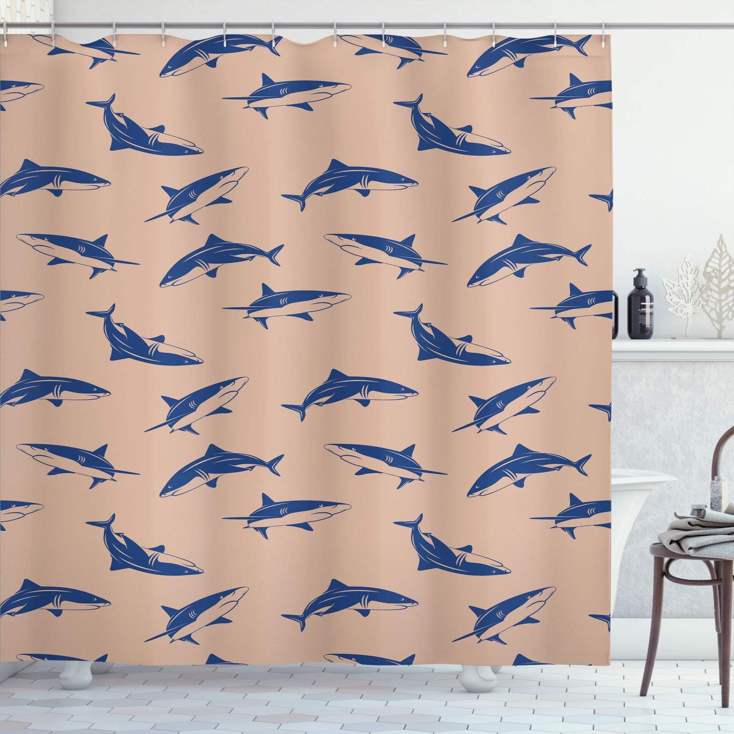 Ambesonne Sea Animals Shower Curtain, Repeated Cartoon Sharks Swimming to Different Directions Pattern, Cloth Fabric Bathroom Decor Set with Hooks, 70" Long, Pale Chocolate