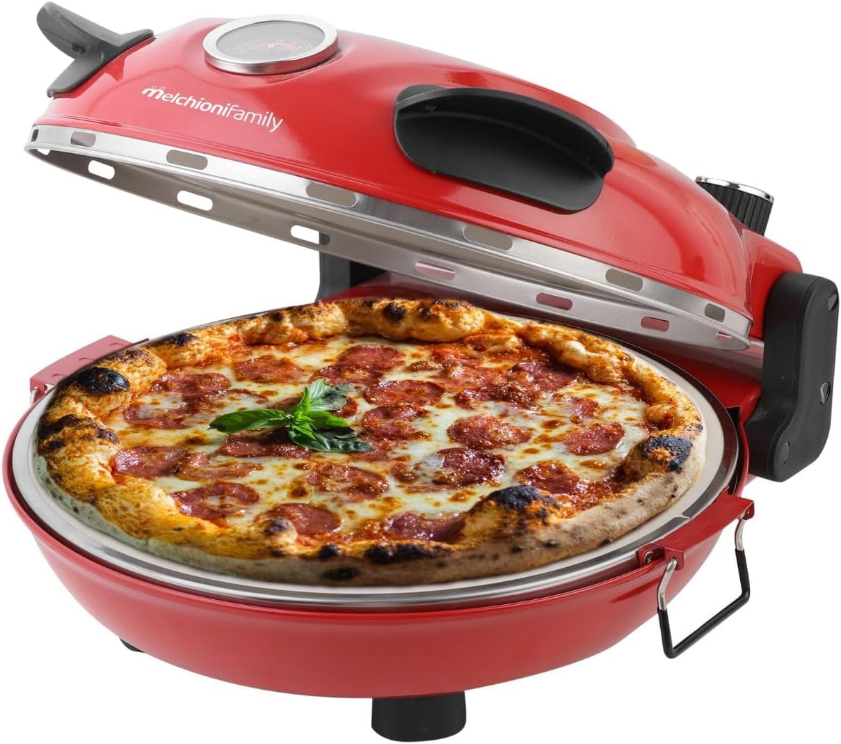 Melchioni Family | BELLA NAPOLI PLUS Horno para Pizza 400°C con Piedra Refractaria Ø31 cm Extraíble, Doble Resistencia, Termómetro, 2 Paletas, Cocción Rápida 1300 Vatios