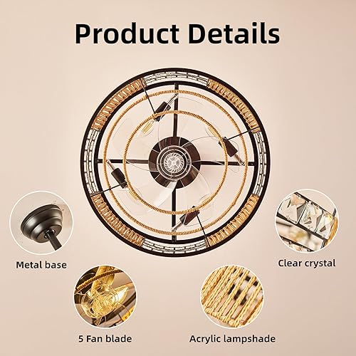 Vista 6 de Boho Caged Ceiling Fan with Light, 20” Black Crystal Chandelier Ceiling Fan Enclosed Low Profile Fandelier with Remote 6 Speeds Bladeless Ceiling