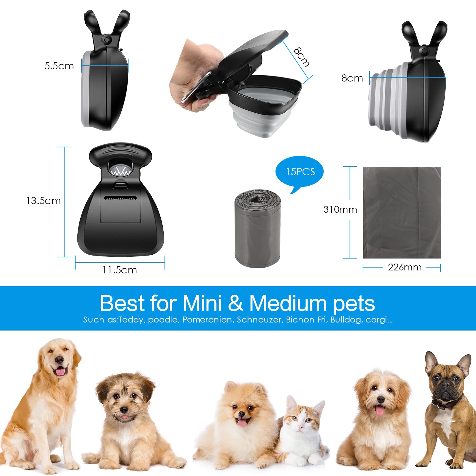 Brifit Tragbare Hundekotgreifer, Pet Pooper Scooper mit Hundekotbeutel, Hundekotschaufel mit Beutel, Faltbarer Hundekotsammlerr mit Kotbeutelspender, Haustier Poop Remover Abholwerkzeug