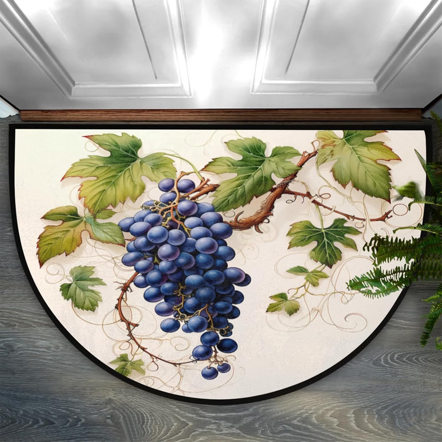 Half Round Doormat Fruit Grape Leaves Non Slip Half Circle Area Rugs Indoor Washable Half Moon Rug Semi Circle Bathroom Runner Mat Entrance Floor Carpet for Kithen Bedroom Fireplace Decor