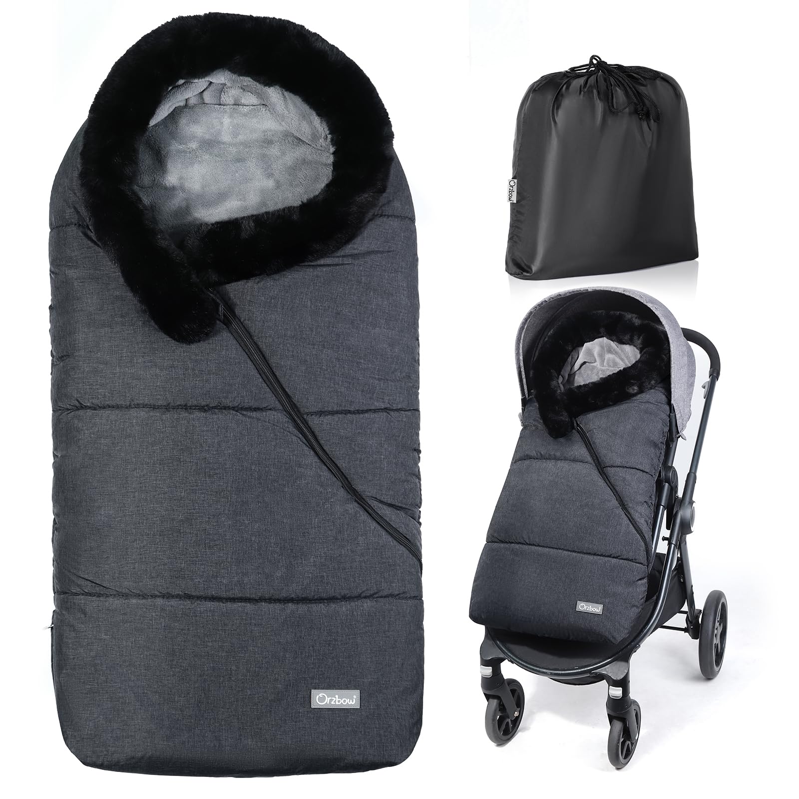Orzbow Universelle Fußsack Kinderwagen Winter, Einstellbare Fußsack Buggy mit Zwei-Wege-Reißverschluss, Warm Fusssack Baby mit Pelzkragen, Waschbar, Abnehmbar, Dunkelgrau