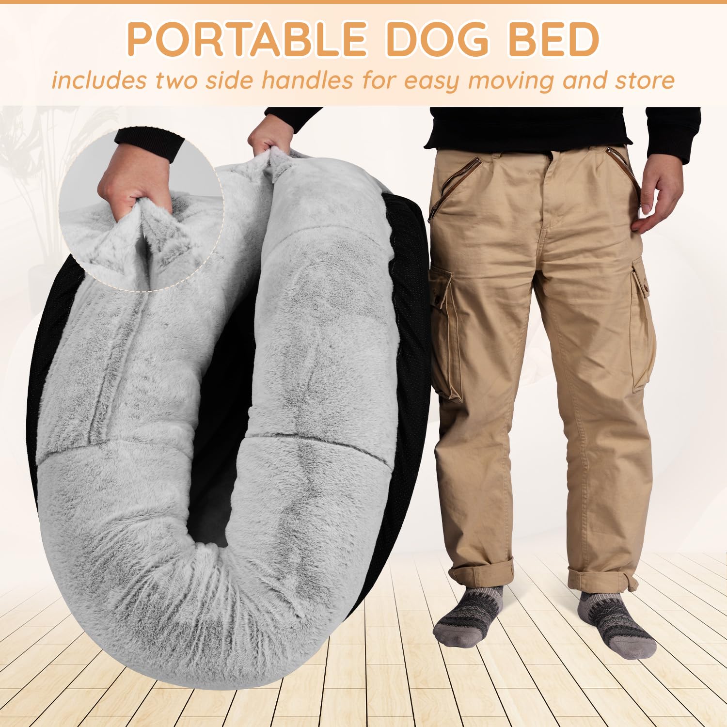 NESTROAD Hundebett für Mensch und Hund, 180 x 114 x 35 cm, Grau | Waschbarer Kunstfellbezug, inklusive Decke und Kissen, extra großes Sitzbett in Menschengröße