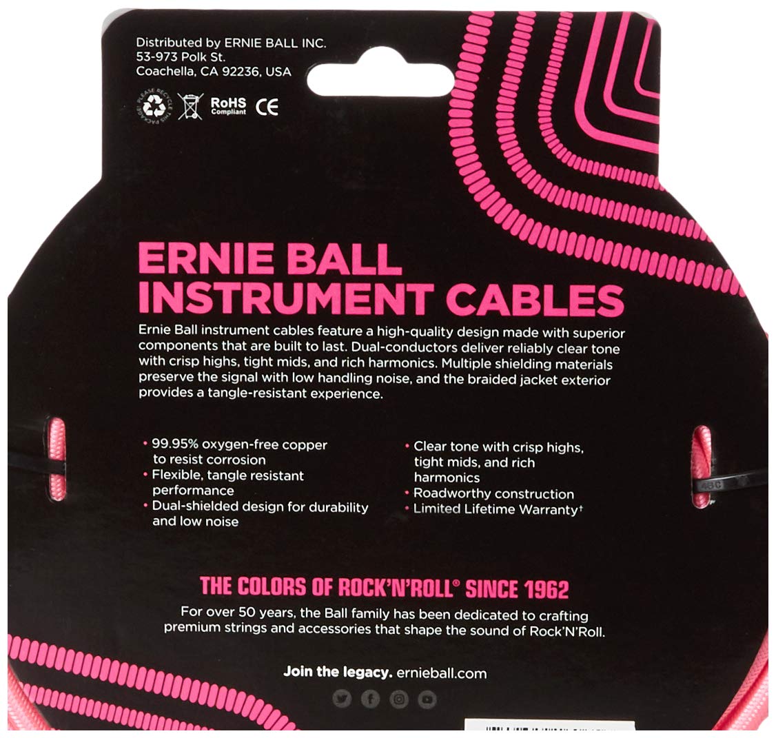 Ernie Ball, Cavo intrecciato per strumenti, dritto / angolato, 7,62 m, rosa neon