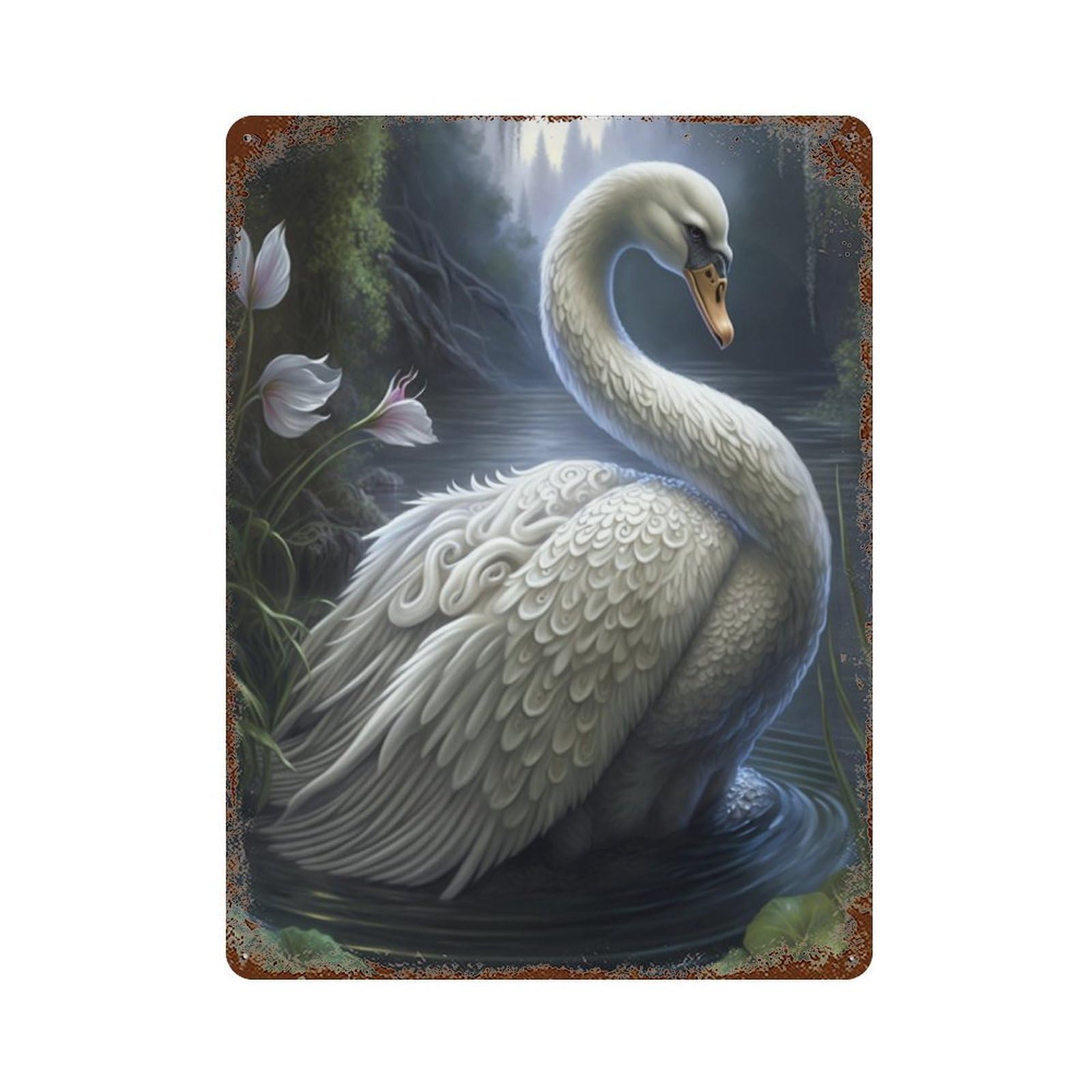 Enchanted Swan Pond Scene Aged Metal Wall Plaque 15.7"x11.8", for Garage, Bar And Workshop Decor, Farmhouse Wall Decor