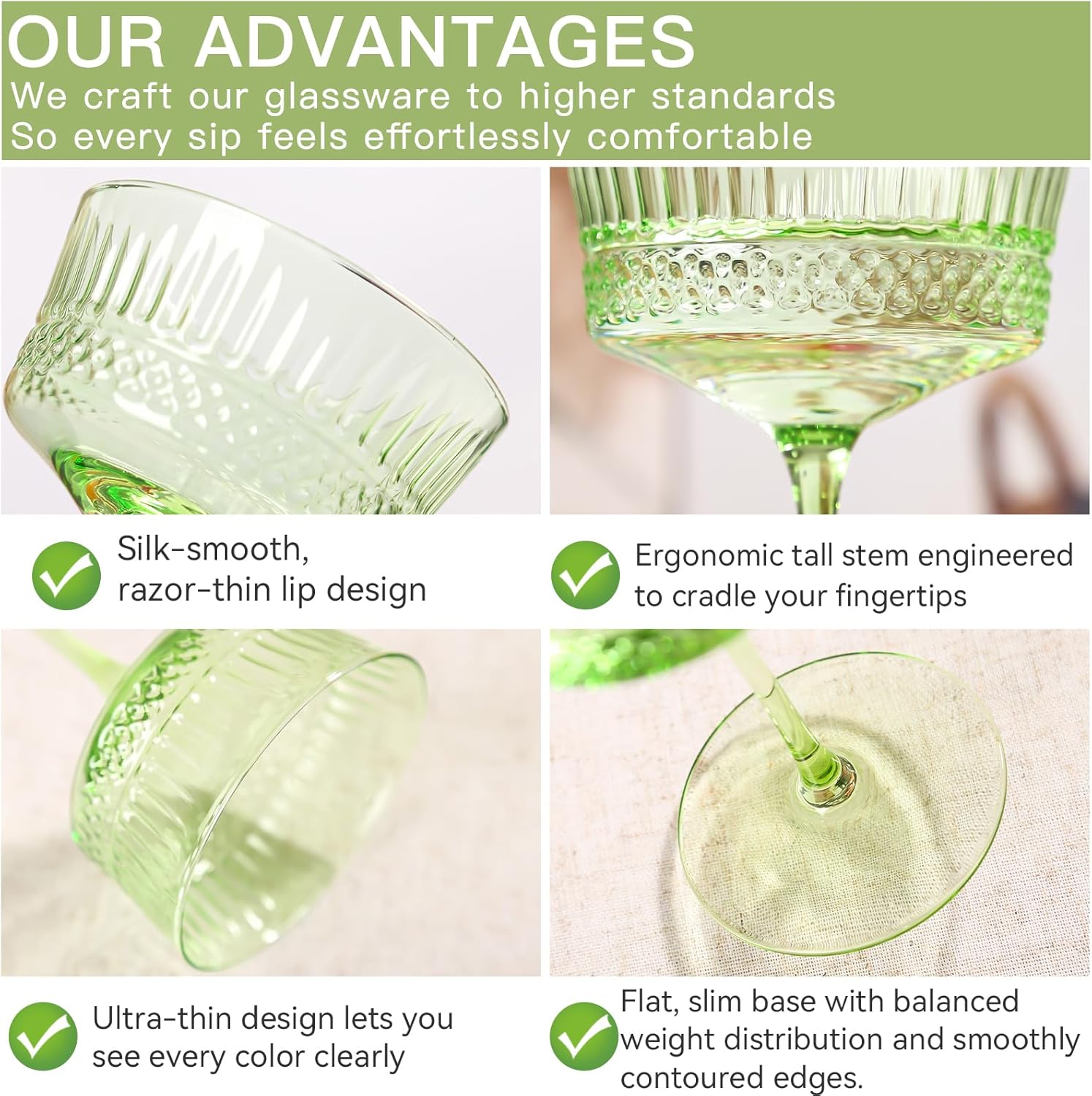 Green Crystal Coupe Glass | Set of 6 | Large 9.3oz Stemmed Glassware Muted Vintage Glasses for Champagne, Cocktail, Margarita, Wine Glass, Birthday Gift Idea, Pastel Unique Speakeasy Style Goblet