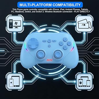 Wireless Gaming Controller for Android/iPhone/iPad/iOS/Tablet/Windows PC/Switch 2, Bluetooth Mobile Phone Gamepad with Hall Joysticks/Hall Triggers/RGB Lights/Vibration/Six-Axis Gyro/Xbox Cloud Game