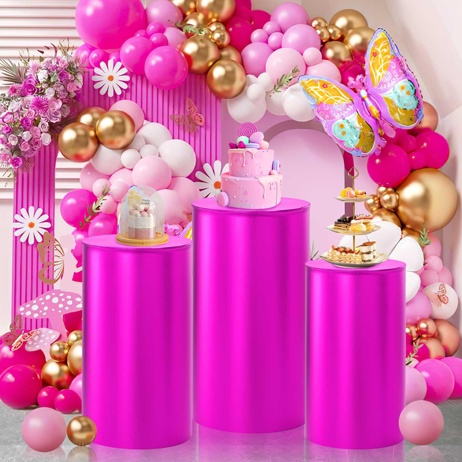 QueenDream Zylinder-Ständerabdeckungen Für Hochzeit & Party – 3er-Set In Blush Pink Mit Glitzer