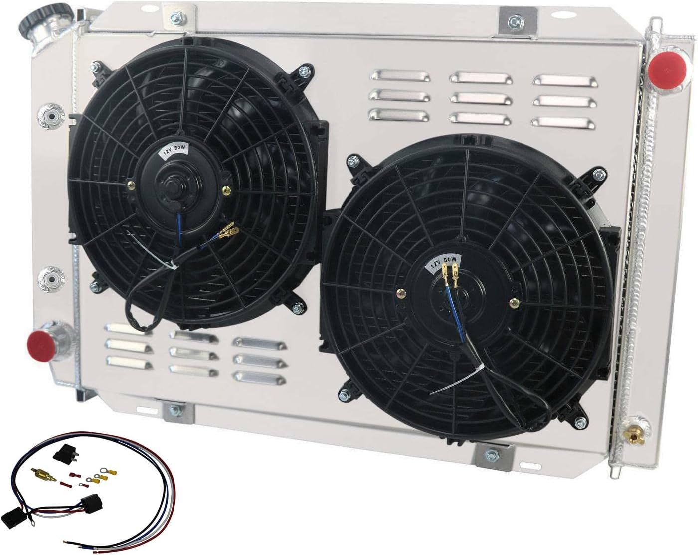 4 Row Core Radiator For 1979-1993 Ford Mustang GT/LX Foxbody 5.0L V8 AT/MT for Lincoln Continental Mark VII/Mercury Cougar 80 83 85 87 92 Aluminum Radiator Shroud 12"Fan Relay Kit