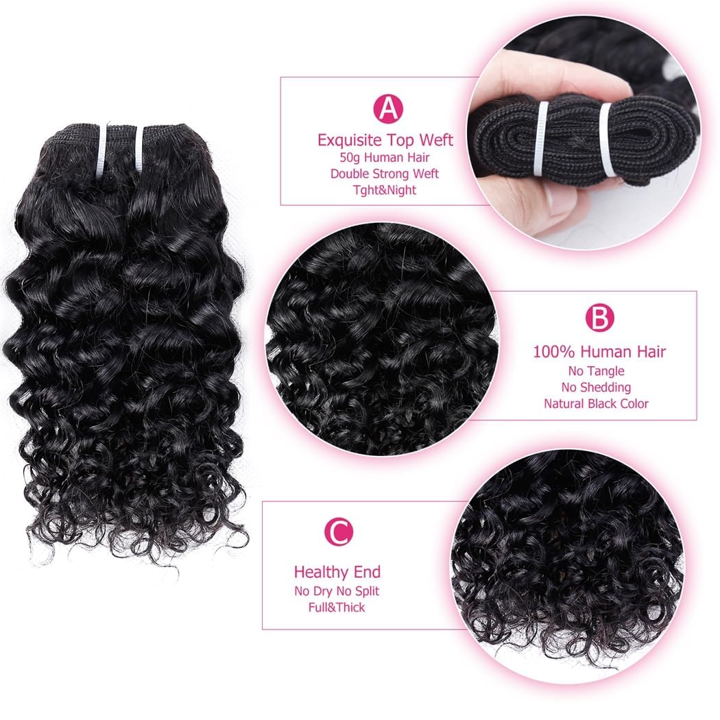 Deep Water Curly Wave Human Hair Bundles with Frontal(10 10 10+10) Wet and Wavy 3 Bundles and 13x4 Frontal Unprocessed Brazilian Short Bob Hair 50g/bundle Natural Black - Image 4