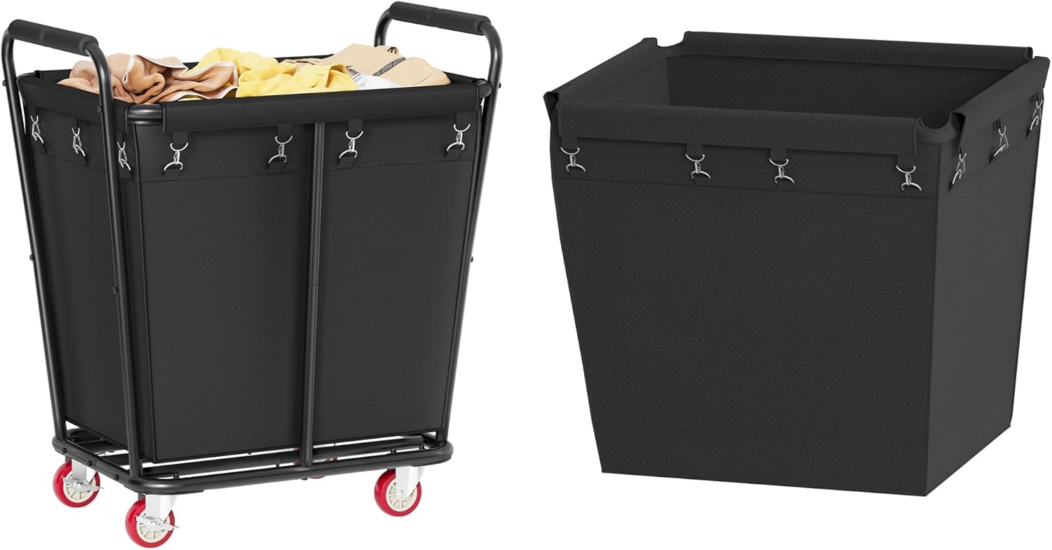 Hoctieon 300L Laundry Basket with Wheels, Large Laundry Cart and One Extra Replacement Bag, Black