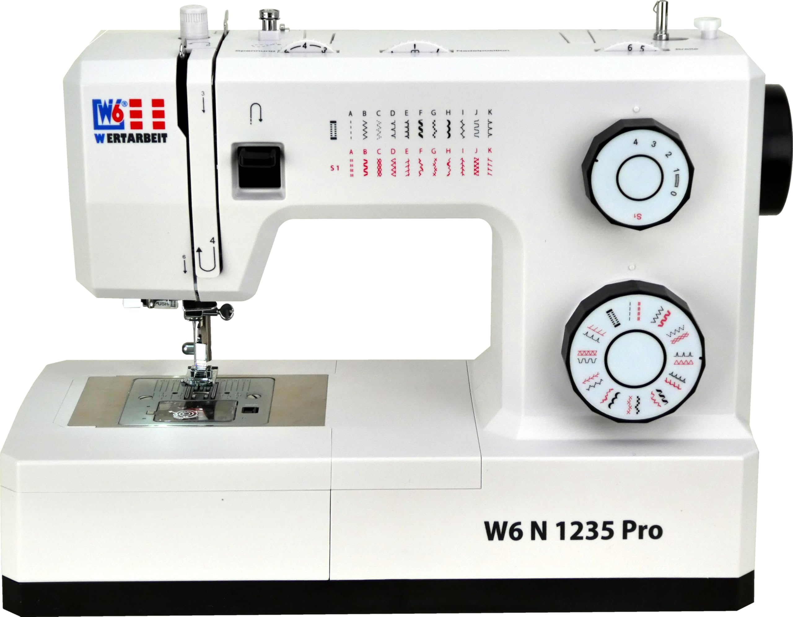 W6 Nähmaschine N 1235 Pro mit 24 Programmen | Freiarm | automatischer Einfädler | obenliegende Spule | Umlaufgreifer | Knopflochautomatik | Jeans nähen | 100 Watt Servo Motor
