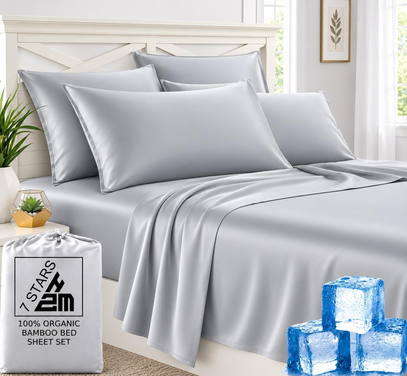 Bamboo Bed Sheet Set Queen Size 160x200 400TC Cool, Anti-Allergic, Soft and Silky Includes 1 Fitted, 1 Flat, 2 Pillowcases โ Gray