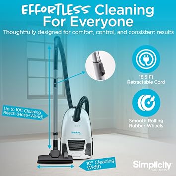 Simplicity Vacuums Jill Lightweight Bagged Canister Vacuum Cleaner Bagged Vacuum Cleaner with Certified HEPA Filter, Adjustable Suction, Suitable for Floor and Rug Cleaning