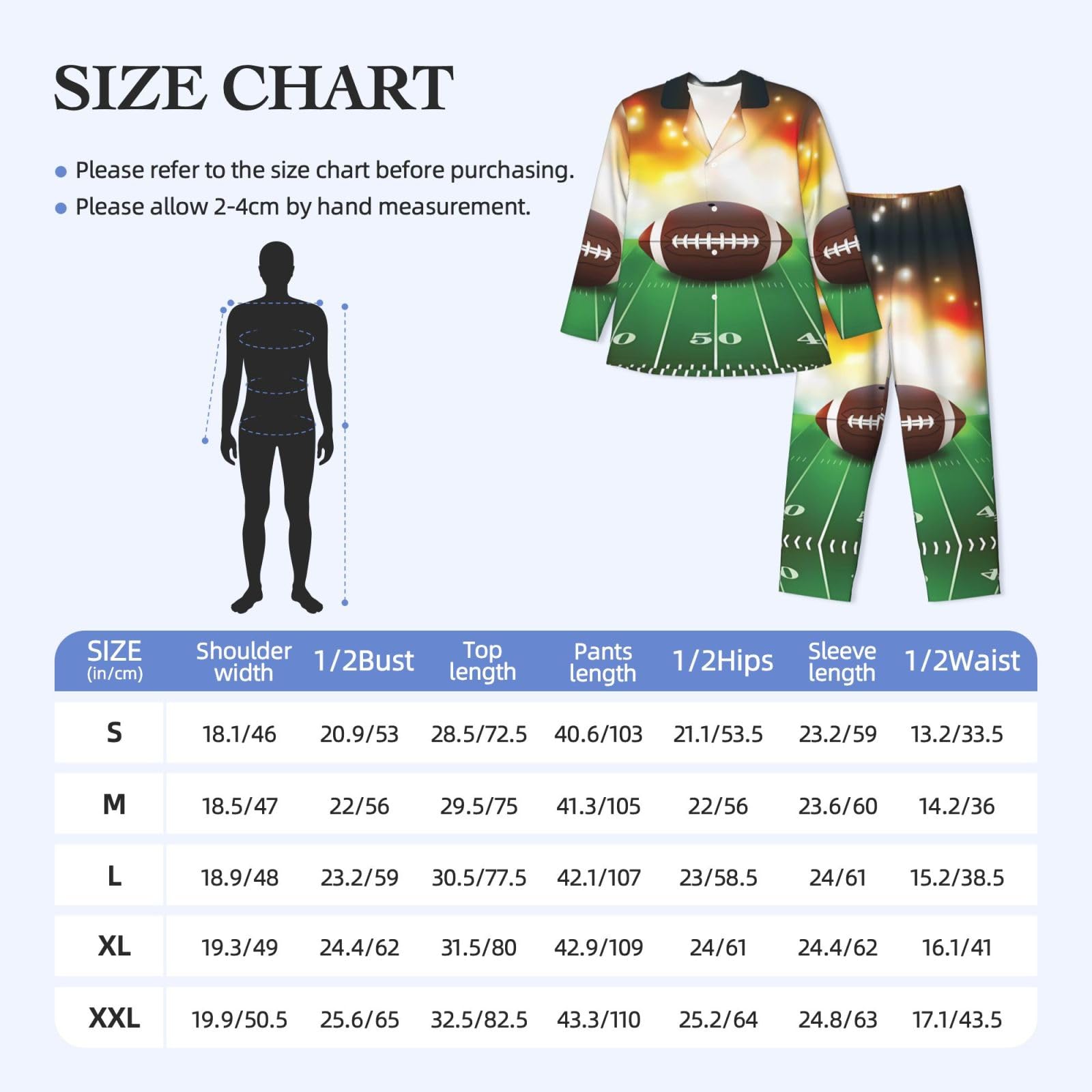 Conjunto de pijama deportivo con estampado de pelota de fútbol americano sobre hierba, de manga larga, con cuello y cintura elástica y bolsillos