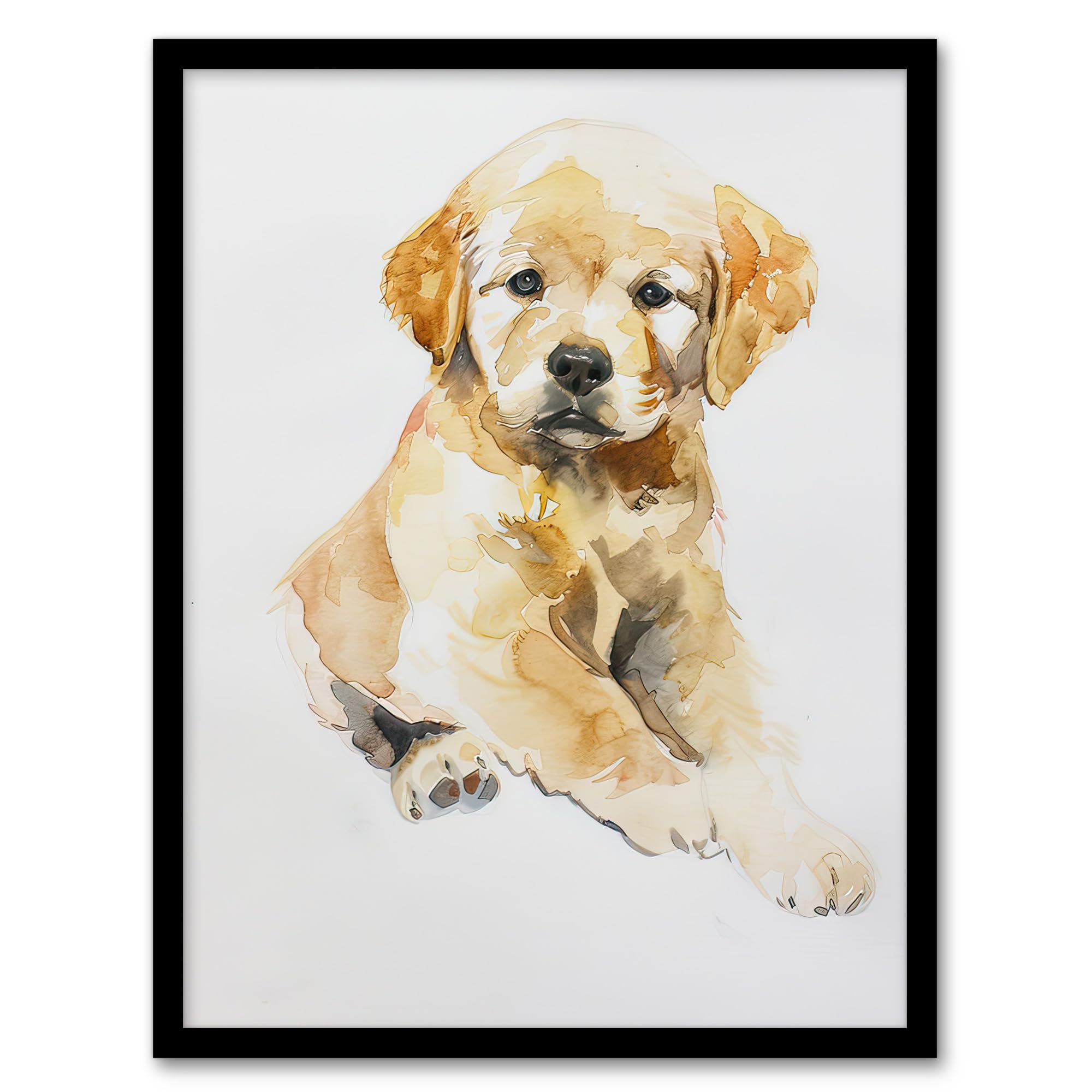 Artery8 Cute Golden Retriever Puppy Dog Lover Watercolour Kids Bedroom Nursery Artwork Framed Wall Art Print A4