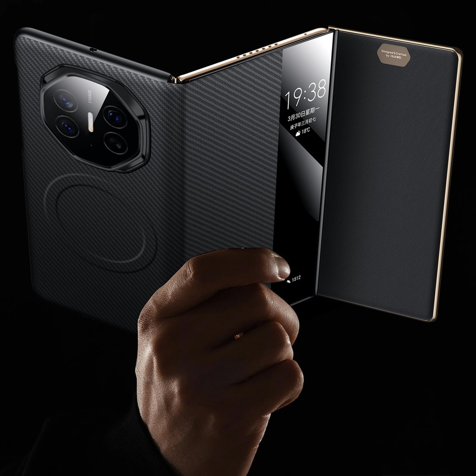 Magnetyczne skórzane etui do Huawei Mate XT, funkcja inteligentnego widoku okna, etui z klapką, tekstura włókna węglowego, wszechstronna obudowa, niebieska, Mate XT