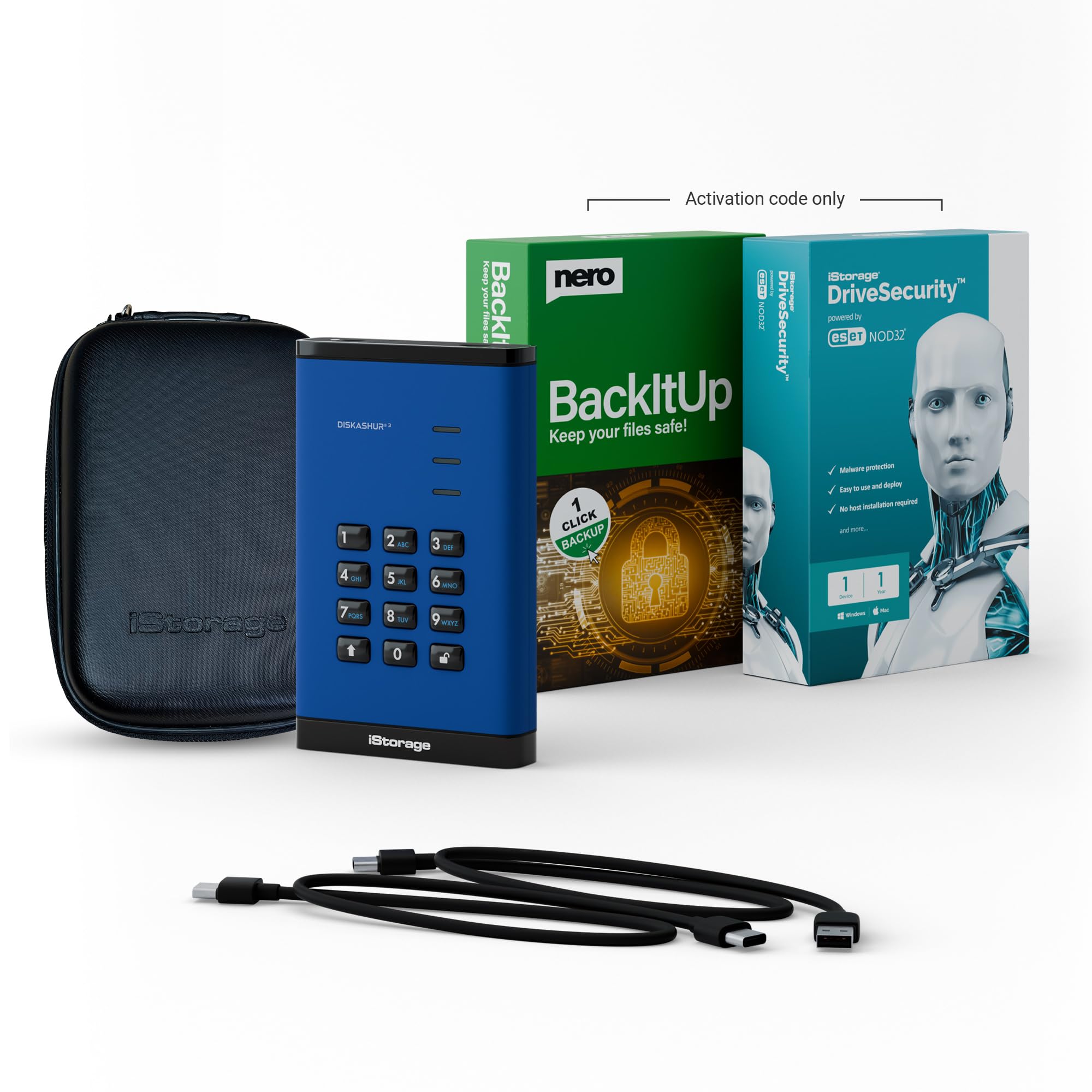 iStorage diskAshur3 HDD 5TB Niebieski - Bezpieczny przenośny dysk twardy - Ochrona hasłem - Odporny na kurz i wodę - Szyfrowanie sprzętowe