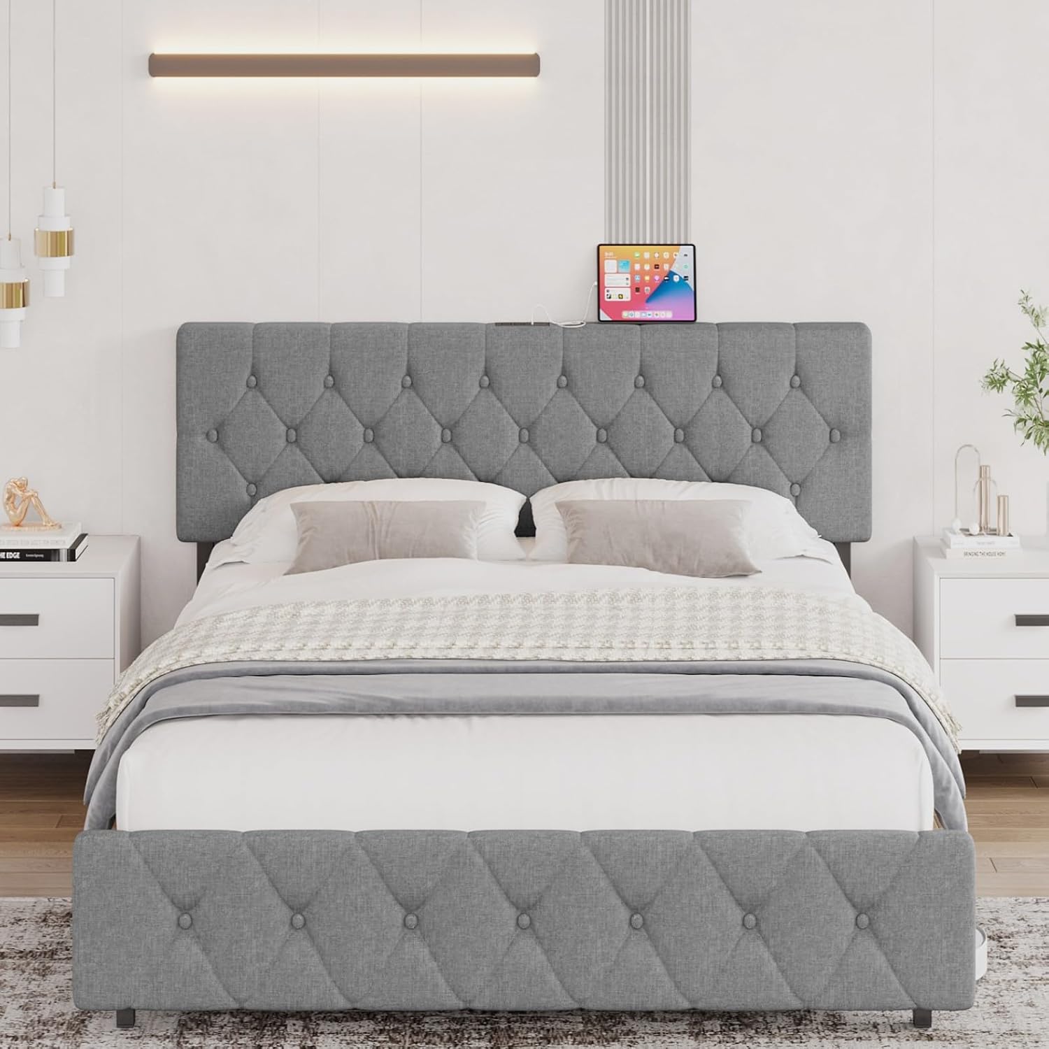Full Size Bed Frame with Type-C & USB Ports， Adjustable Headboard, Upholstered Platform with Wooden Slats Support, Linen Fabric Wrap No Box Spring Needed, Easy Assembly, Light Gray