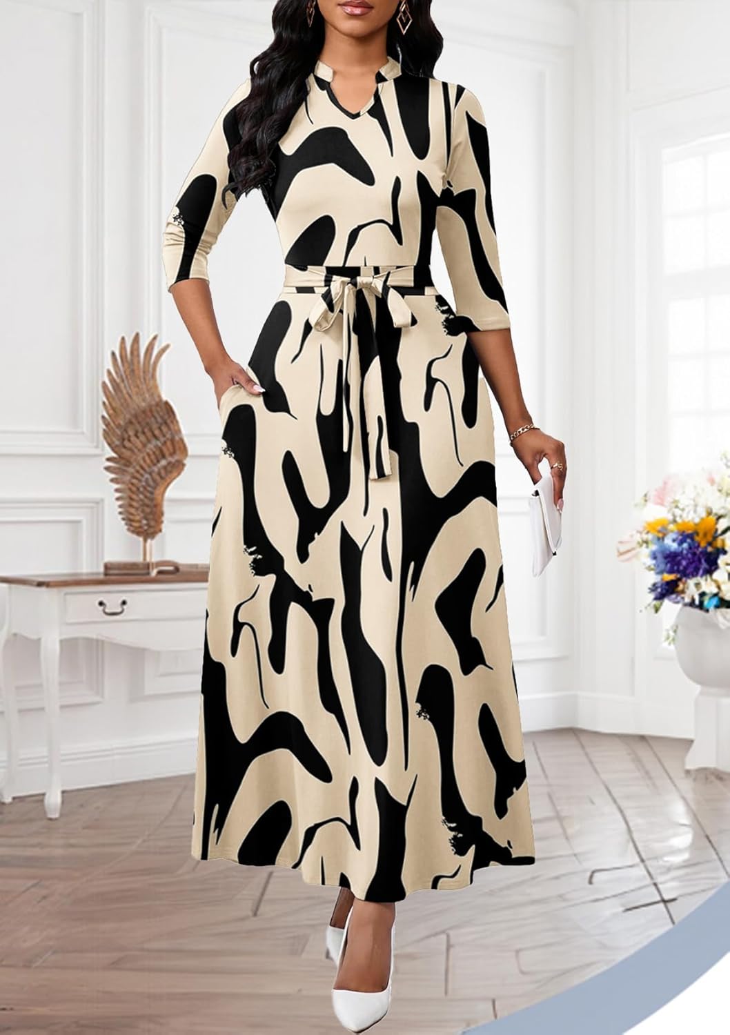 Maxi Dresses for Women Semi Formal Long Dress 3/4 Sleeve Casual A-line Church Dresses with Pockets - Image 4