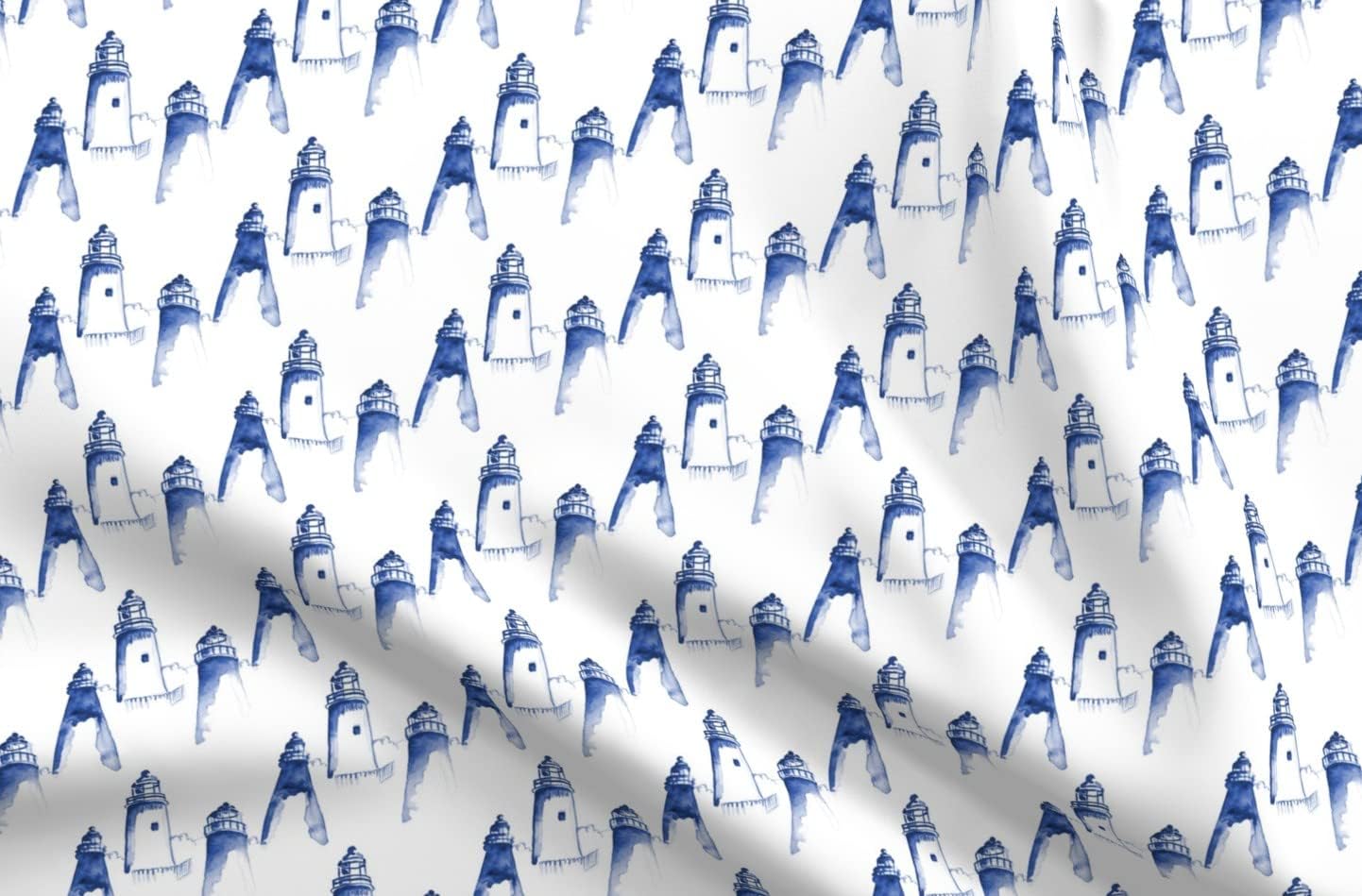 Spoonflower Fabric - Nautical Indigo Blue Lighthouse White Light House Ocean Water Printed on Organic Cotton Sateen Fabric by The Yard - Sewing Quilting Apparel Home Decor