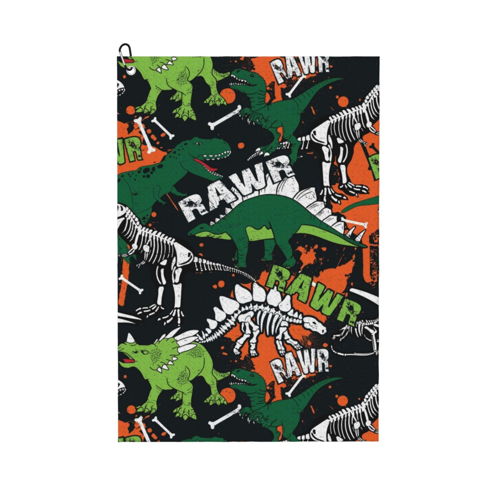 AOOEDM Dinosaur Skeleton Print Golf Towel with Carabiner Clip Absorbent Microfiber Golf Towel for Cleaning Golf Ball Club Putter Iron for Golf Bag Trolly Belt Loop 16" X 24"