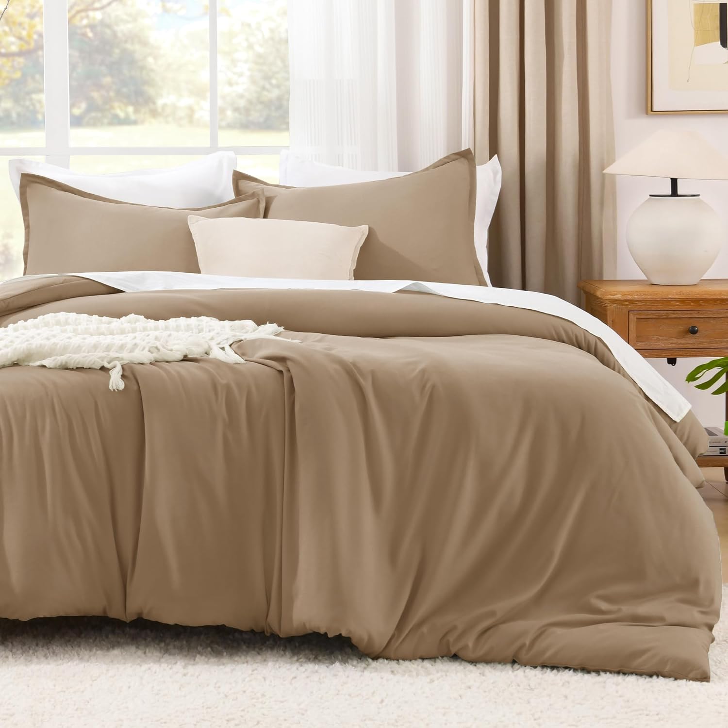 Litanika Comforters Taupe Oversized King Size, 3 Pieces Lightweight Solid Bedding Set & Collections, All Season Fluffy Bed Set (120x98In Comforter & 2 Pillowcases) - Image 2