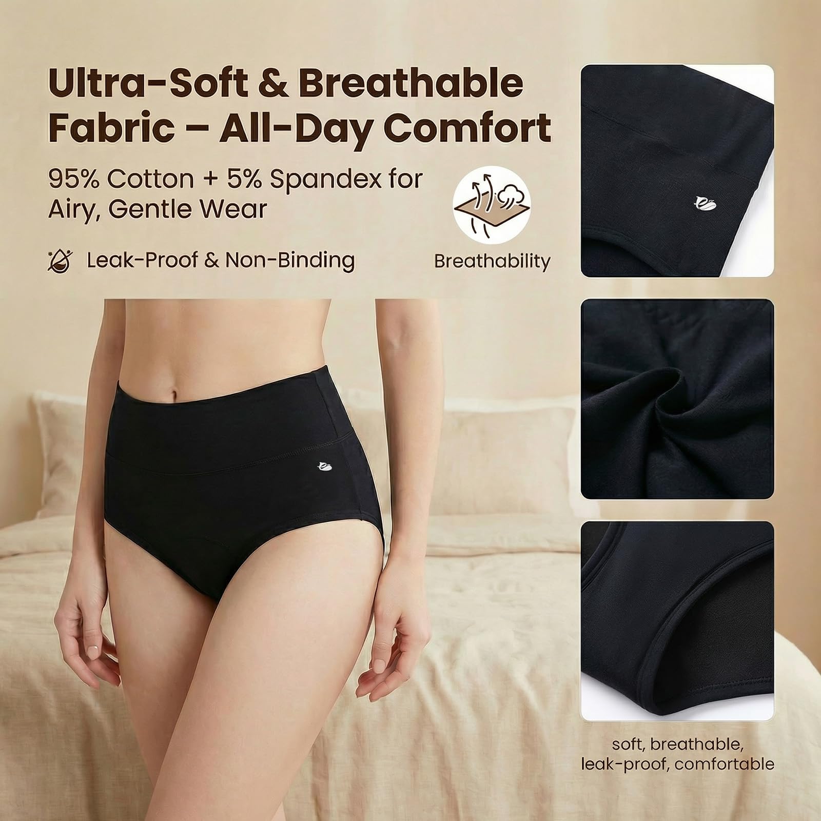 Lot de 3 culottes d'incontinence lavables et étanches réutilisables en coton taille haute pour le contrôle de la vessie post-partum, 3XL