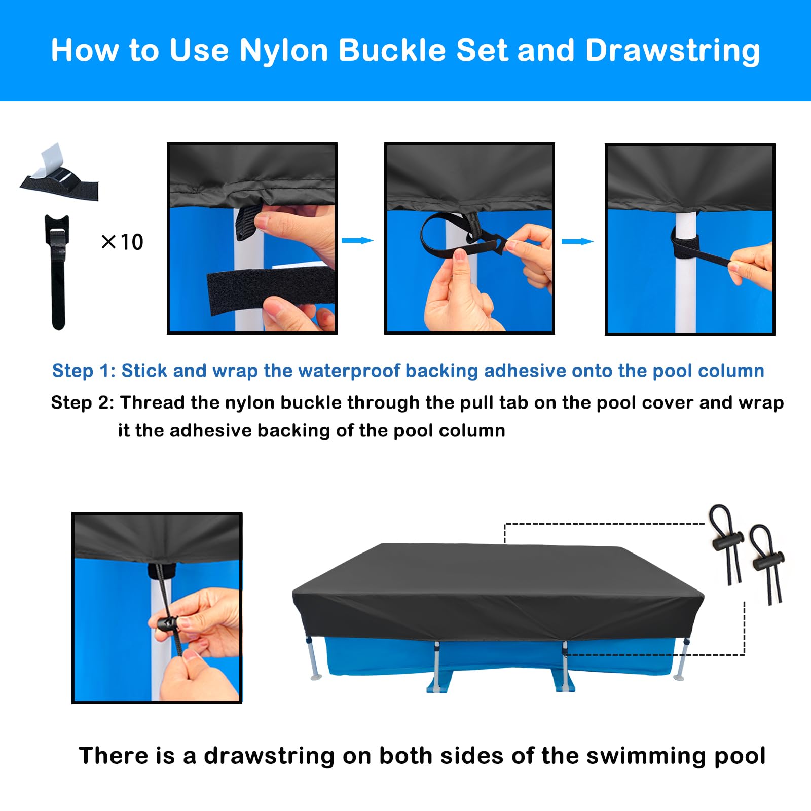 220x150 cm Rectangular Pool Cover 7 x 4 ft Frame Rectangle Swimming Pool Cover for Outdoor Pool Easy Set including Rope Thick and Durable Tarpaulin Design Dustproof Waterproof - Image 6