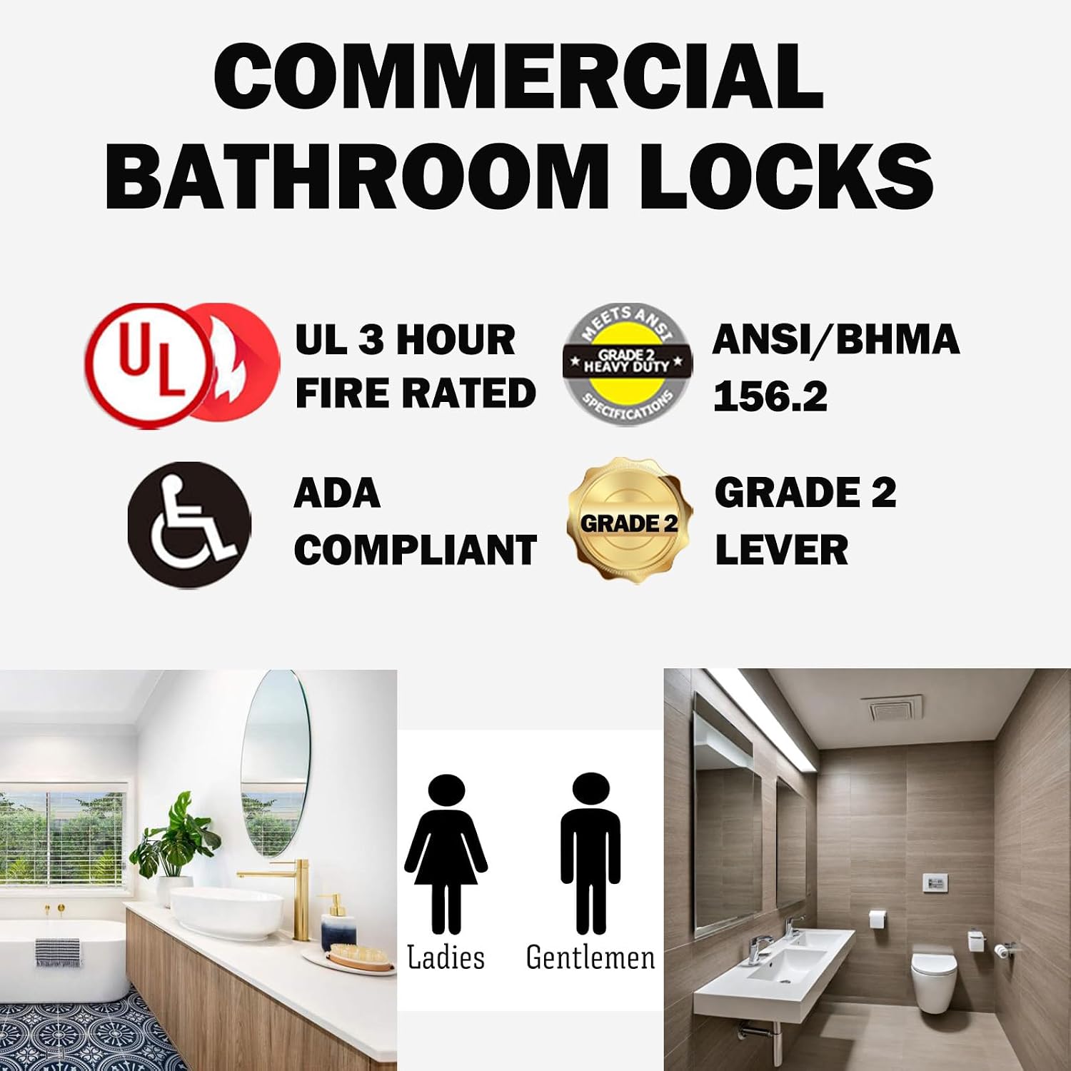 Heavy Duty Commercial Grade 2 Privacy Door Lever, Satin Chrome Finished ADA Commercial Bathroom Door Handle, UL 3 Hour Fire Rated Ergonomic Lever, 70mm Latch