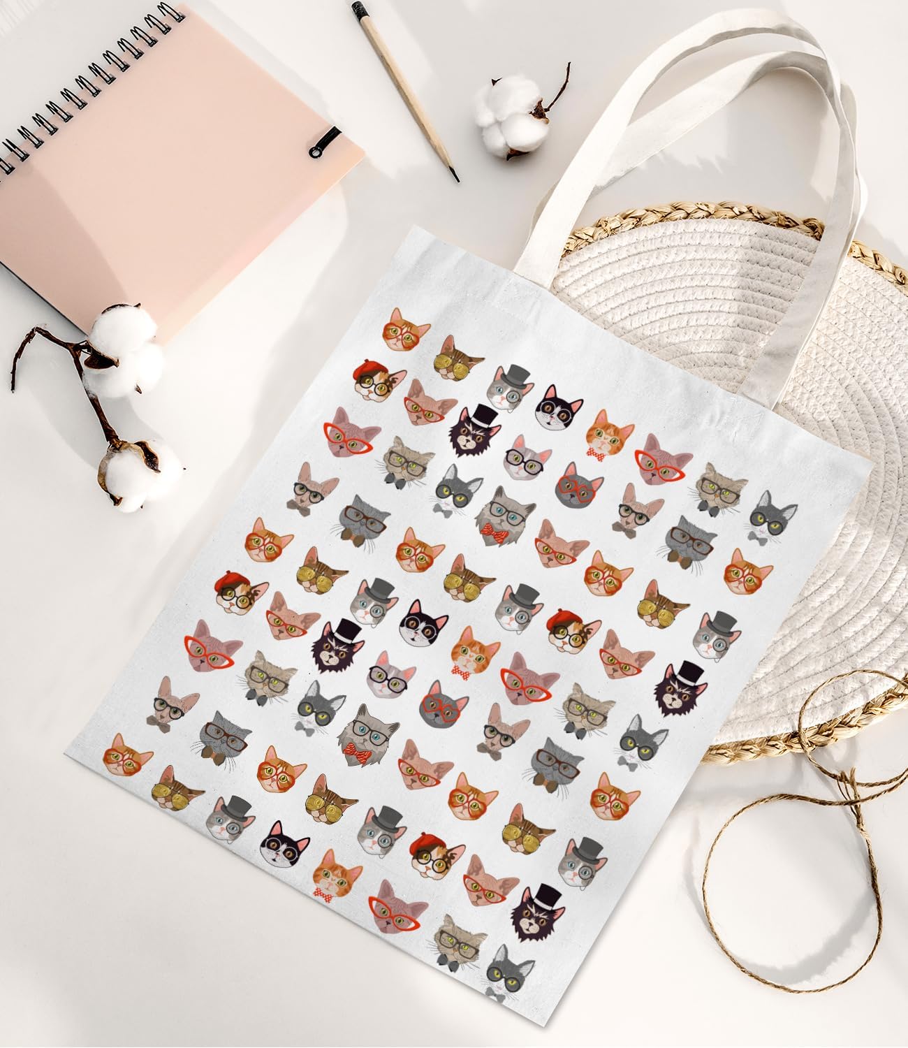 Cute Cat Canvas Tote Bag for Women, Aesthetic Reusable Shoulder Bag for Shopping Travel Work - Image 3