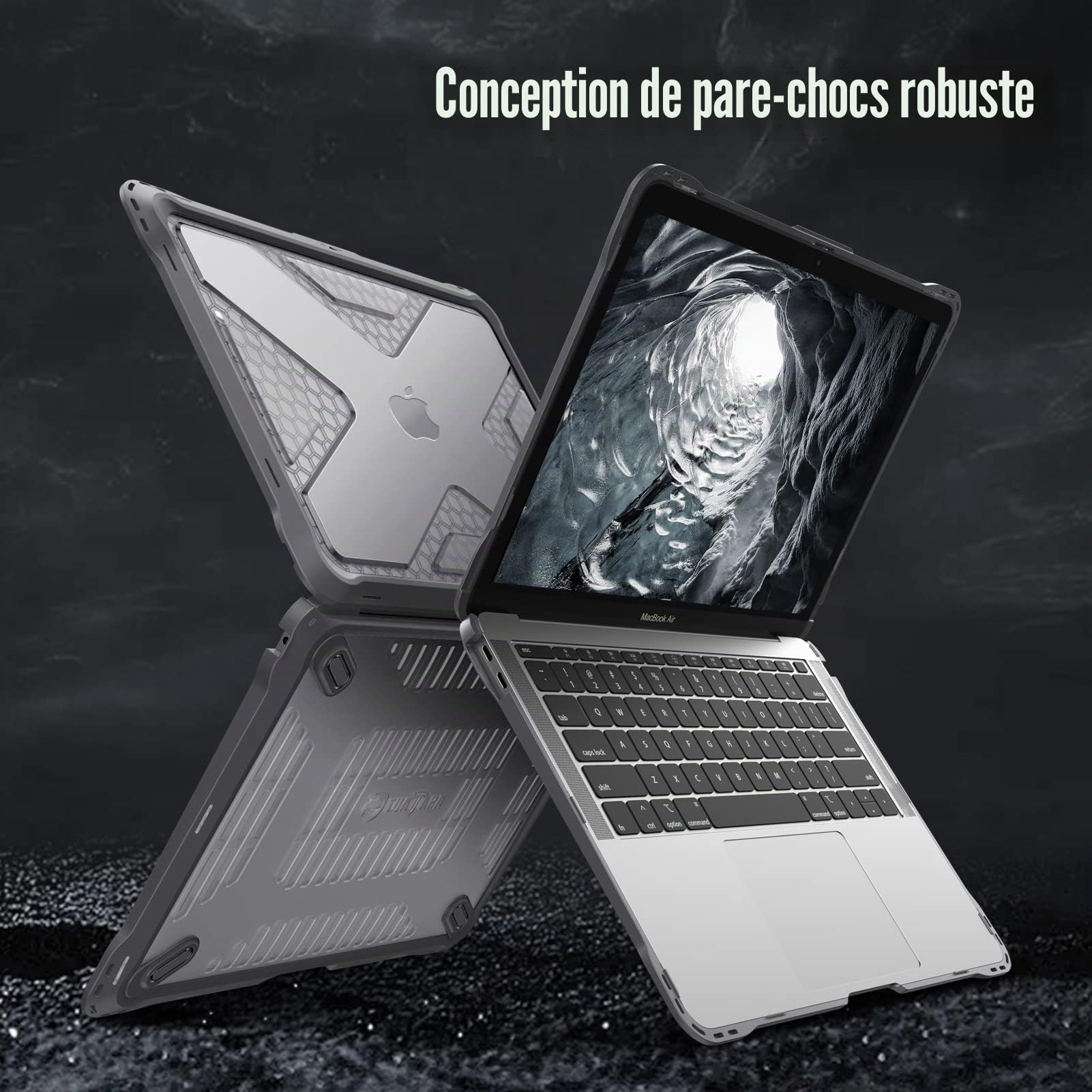 FINTIE Coque Compatible avec MacBook Air 13 2020 2019 2018, Modèles A2337 (M1) / A1932 / A2179, Etui Rigide Hybride Robuste Coque Transparente Antichoc en TPU Protection, Gris