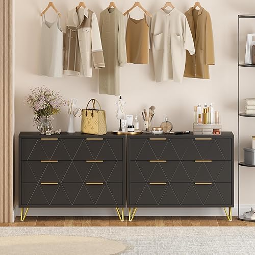 Miniatura 6 de IKENO Cómoda de 3 cajones para dormitorio, cajones de madera con asas doradas, cómodas modernas, muebles de dormitorio, organizador alto para