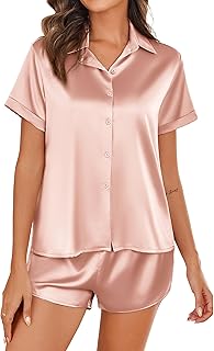 Silk Pajamas for Women Short Sleeve Satin Pajama Set 2 Piece Button Down Loungewear S-XXL