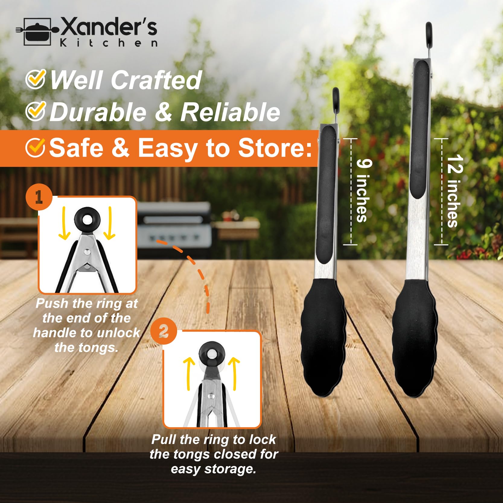 Xander's Kitchen Tongs for Cooking 9" & 12" Set of 2 Silicone Grip Non Stick Pasta Salad Frying BBQ Serving Meat (Black) - Image 2