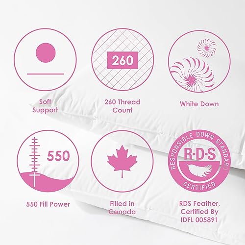 Vista 11 de Canadian Down & Feather Co. - Almohada de plumón blanca de soporte medio, tamaño estándar, carcasa de 260 hilos, 100% algodón, relleno en Canadá