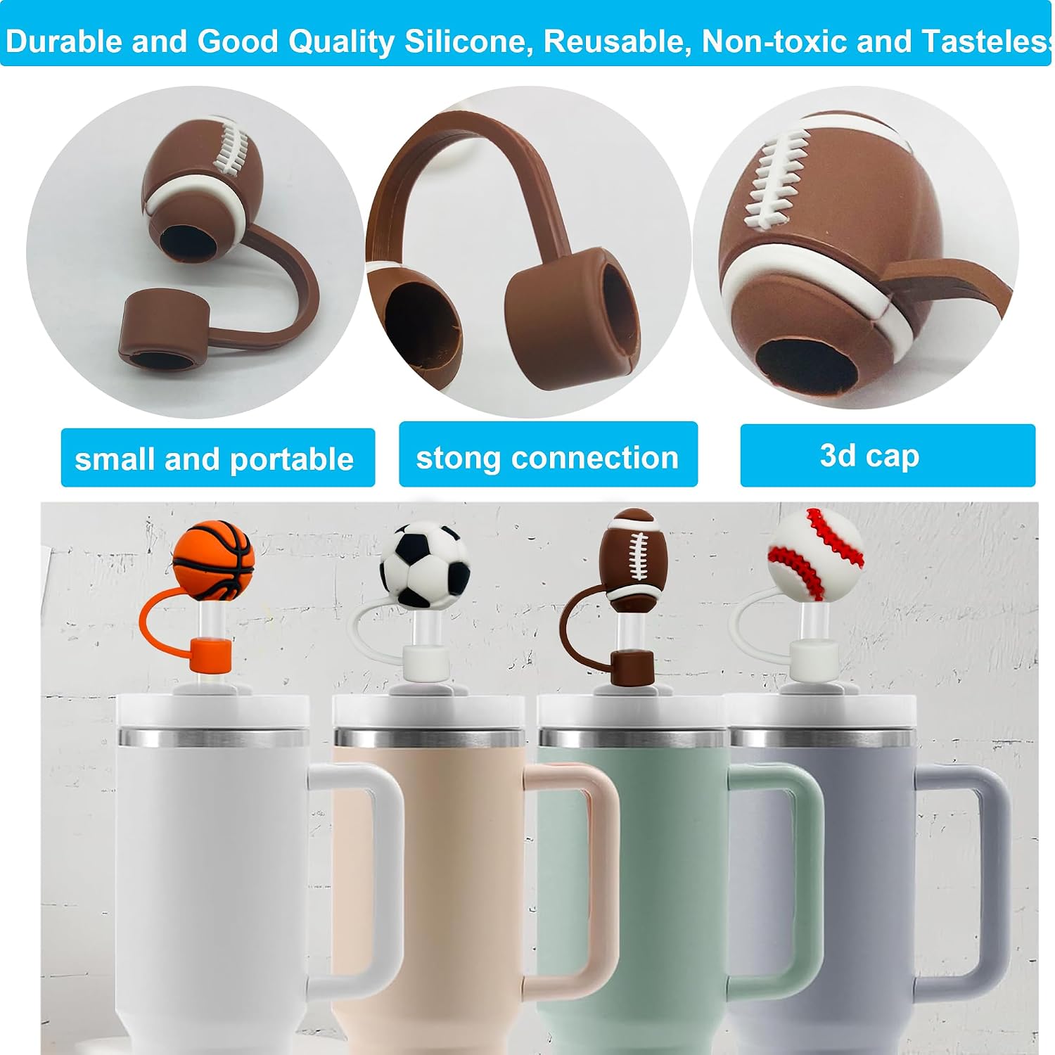 5pcs Straw Covers Cap Compatible with Stanley 20 30&40 oz Tumbler Cups Straw Topper fits 0.4In Reusable Straws,Balls Baseball Basketball Soccer BPA Free Silicone Straw Tips Lids