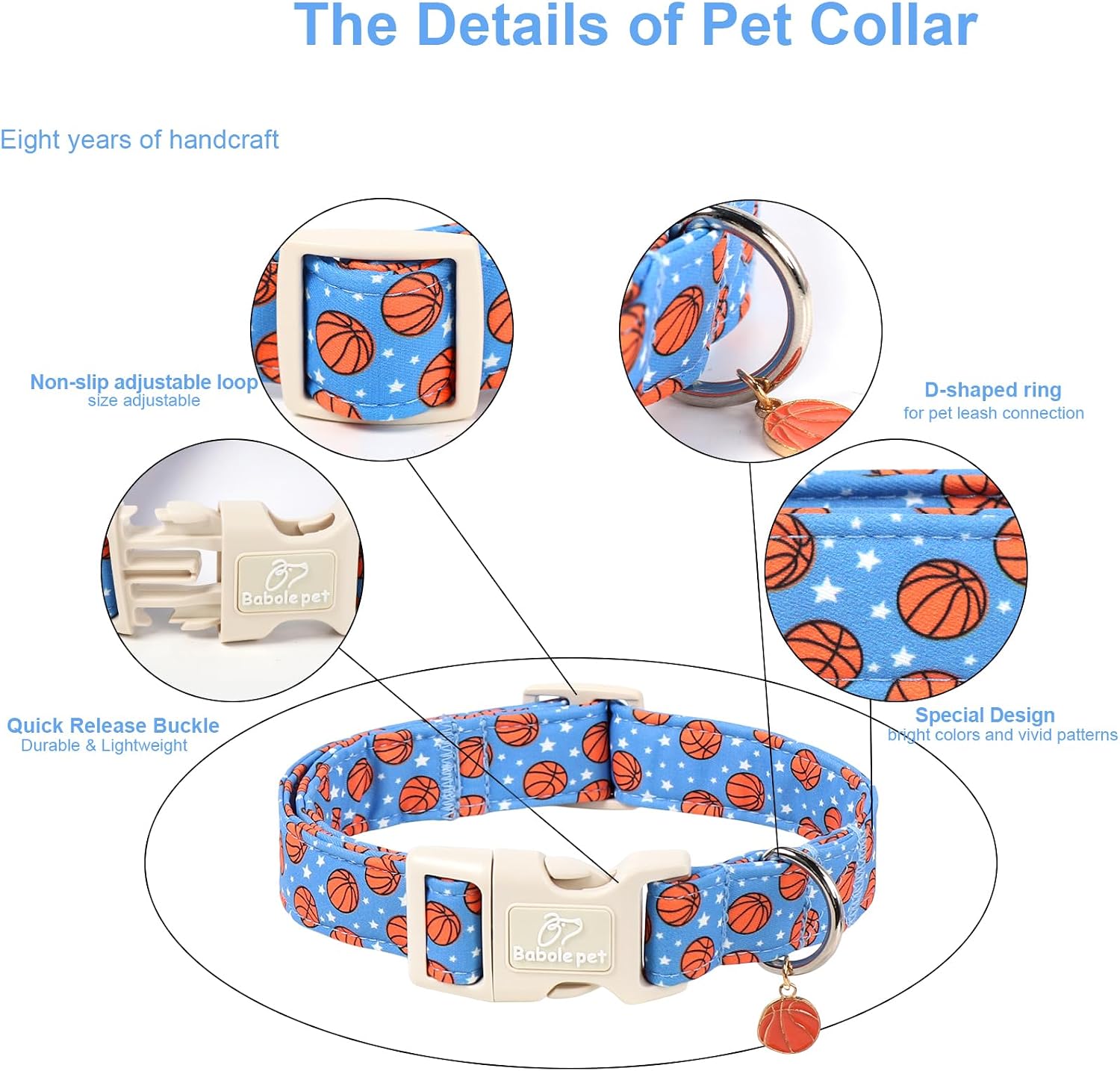 Basketball Dog Collar, Cute Boy Dog Collars for Small Dogs - Blue Sports Themed Cotton Male Dogs Collar, Soft Adjustable Daily Pet Collars with Quick Release Buckle S image 4