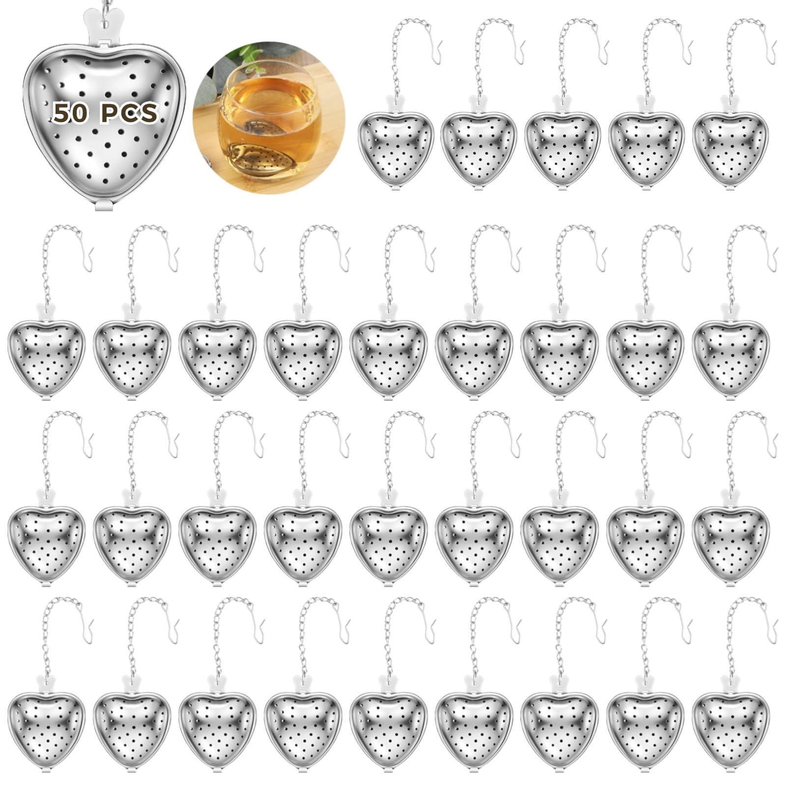 50 Stk. Teesiebe, Edelstahl-Teekugelfilter, Teesieb für losen Tee, Tee-Infusionsdiffusor, herzförmige Netz-Teefilter mit verlängerter Kette und Haken