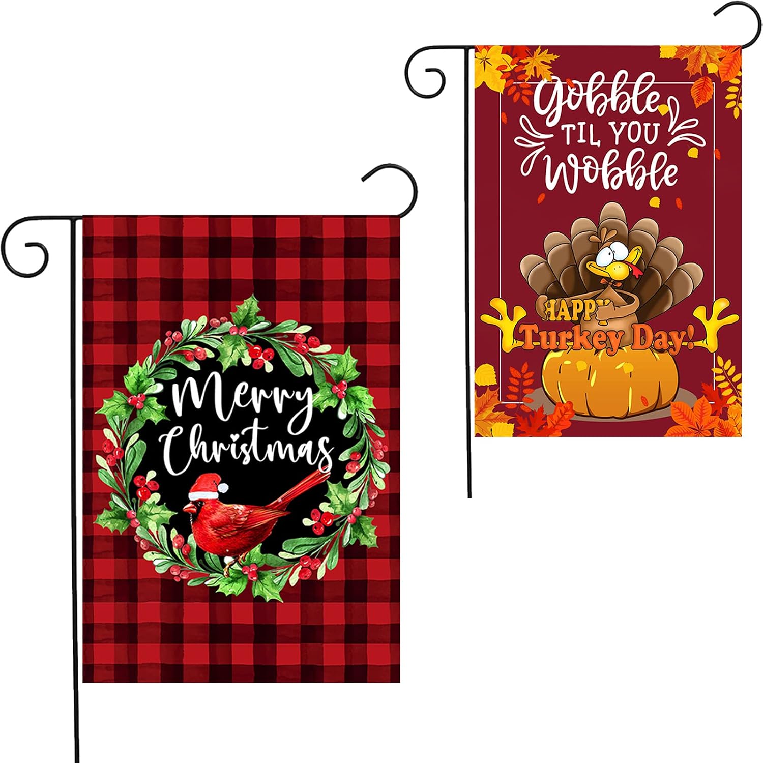 Mocossmy Christmas Garden Flag,12.5'' x 18''Merry Christmas & Thanksgiving Garden Flag,Double Sided Vertical Cardinal Red Black Buffalo Plaid Farmhouse Winter Flag Banner for Outdoor Holiday Decor