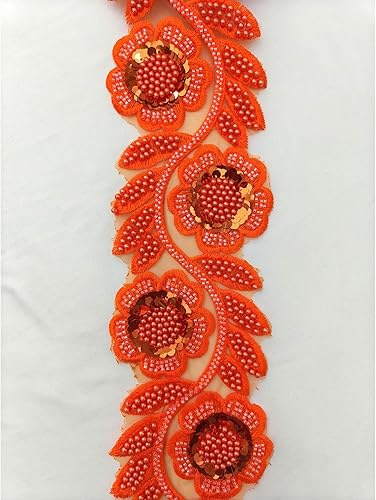 Miniatura 4 de Elegante ribete de encaje naranja con cuentas, diseño floral con lentejuelas, ideal para realzar el vestido, cuentas plateadas, cristales,