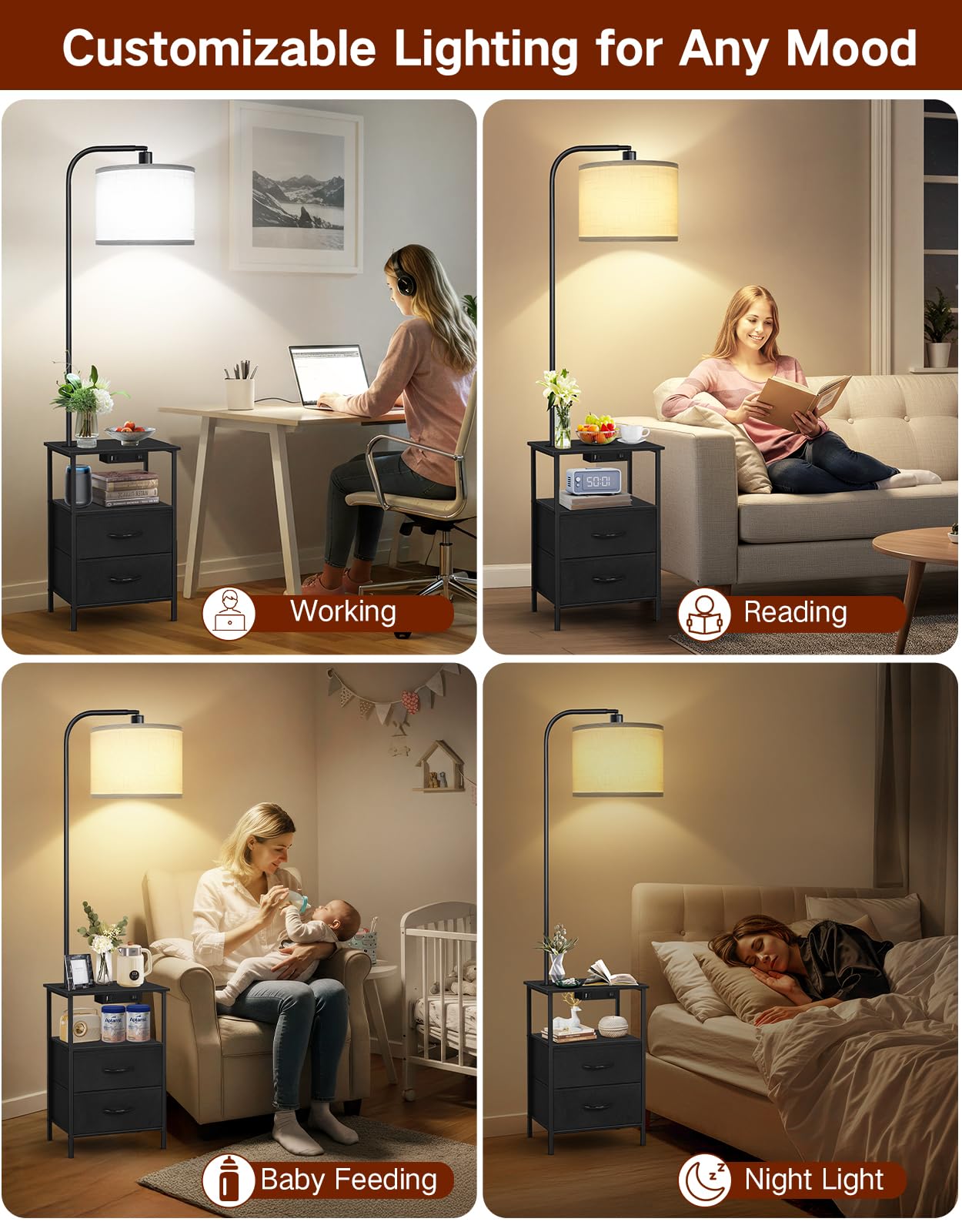 OUTON LED Stehlampe Mit Regal & Schublade – 3 Lichtfarben, USB-Ladestation, Modernes Design