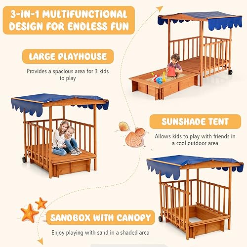 Miniatura 2 de HONEY JOY Caja de arena 3 en 1 para niños con casa de juegos y toldo, madera de cedro sin fondo para patio trasero con ruedas, barandillas y