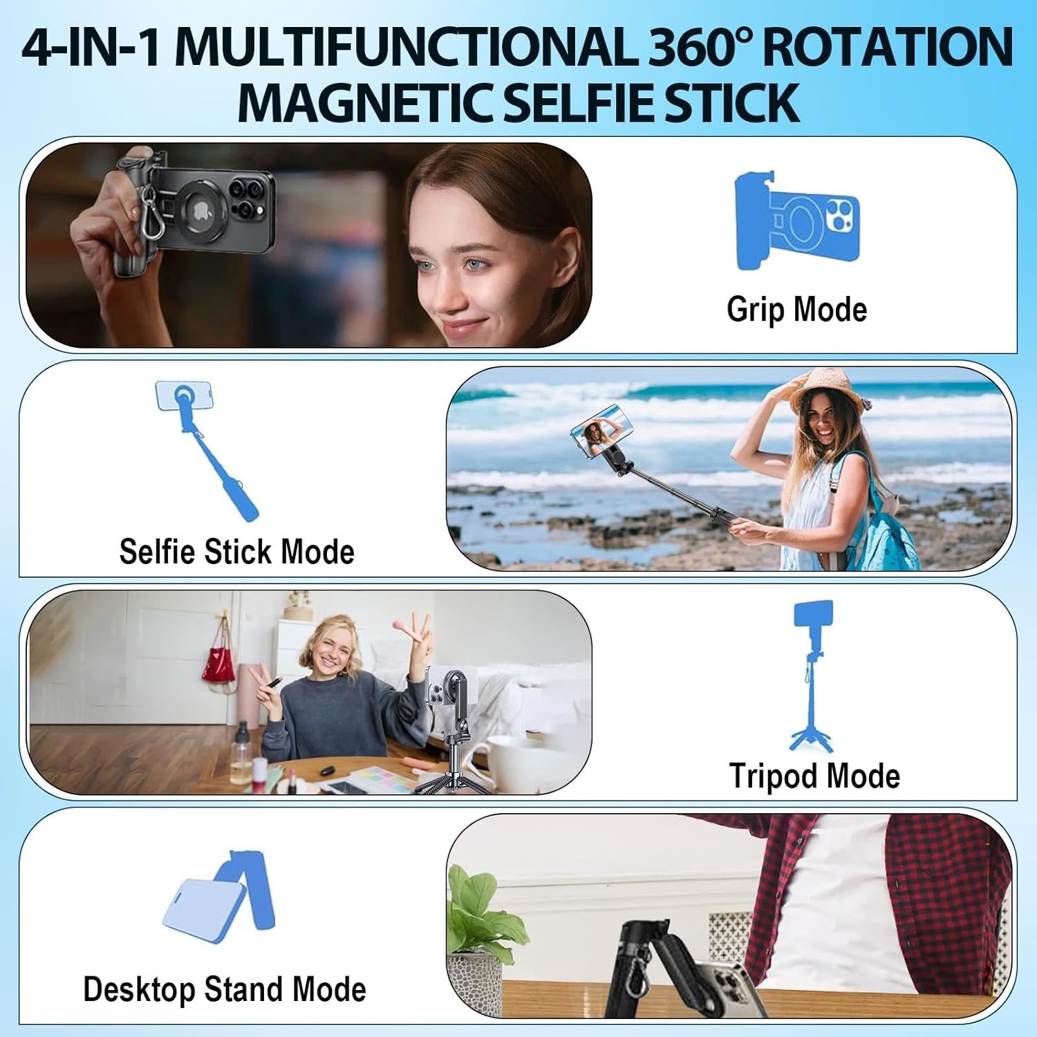Adolapro Snap360 Treppiede Magnetico Per Selfie – Alluminio, Estendibile Fino A 104 Cm, Rotazione 360°, Telecomando Bluetooth, Attacco Per Microfono/luce (Nero)