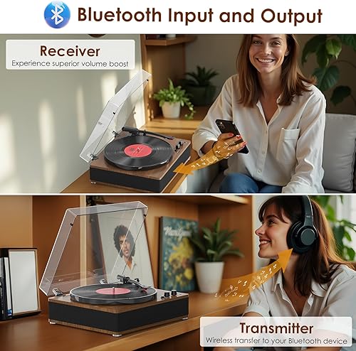 Miniatura 2 de Tocadiscos de vinilo de 3 velocidades, elegante plato giratorio Bluetooth de tamaño completo con entradasalida Bluetooth, altavoces integrados,