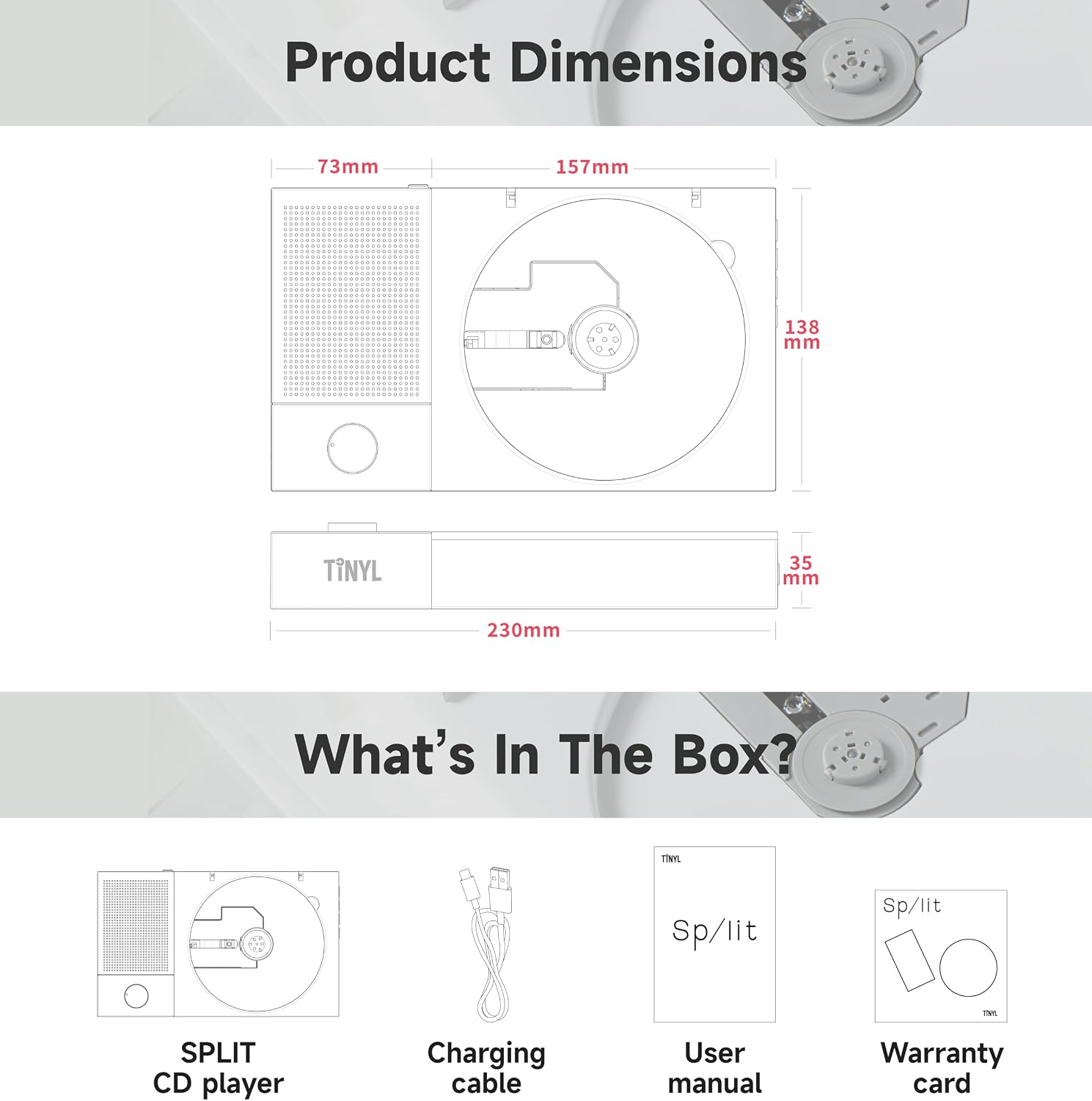 [TINYL Split] All-new Upgraded 3-in-1 CD Player, Detachable Bluetooth Speaker & CD Player, Portable, Rechargeable