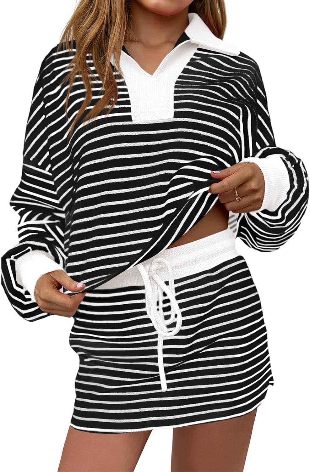 Fisoew Womens Striped 2 Piece Outfits Casual Sweatshirt Skirt Set Long Sleeve Skort Workout Set Matching Lounge Sets
