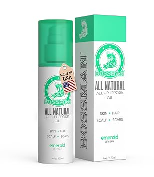 Bossman Skin, Scalp, and Hair Oil for Men & Women - 4 oz Moisturizing Body Oil - Emerald Green Tea Scent - Anti-aging, Hydrating, Scar Reducing Solution with Olive, Sunflower, Vitamin E